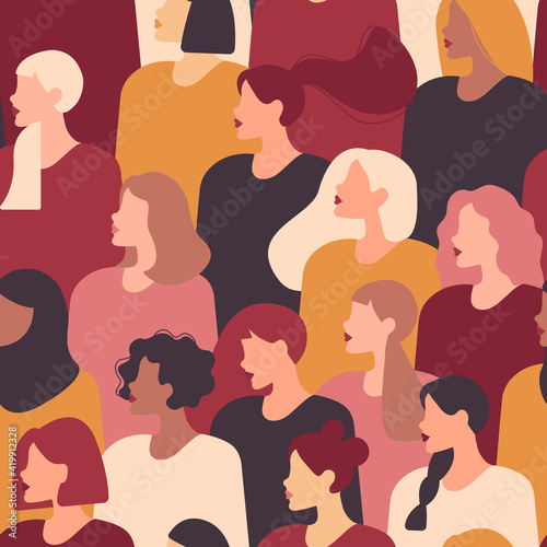 Vector seamless drawing with women of different nationalities and cultures. Women's struggle for freedom, independence, equality.