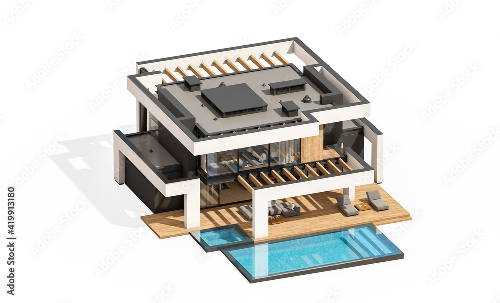 3d rendering of modern cozy house with pool and parking for sale or rent in luxurious style. Isolated on white 3d rendering of modern cozy house with pool and parking for sale or rent in luxurious style. Isolated on white