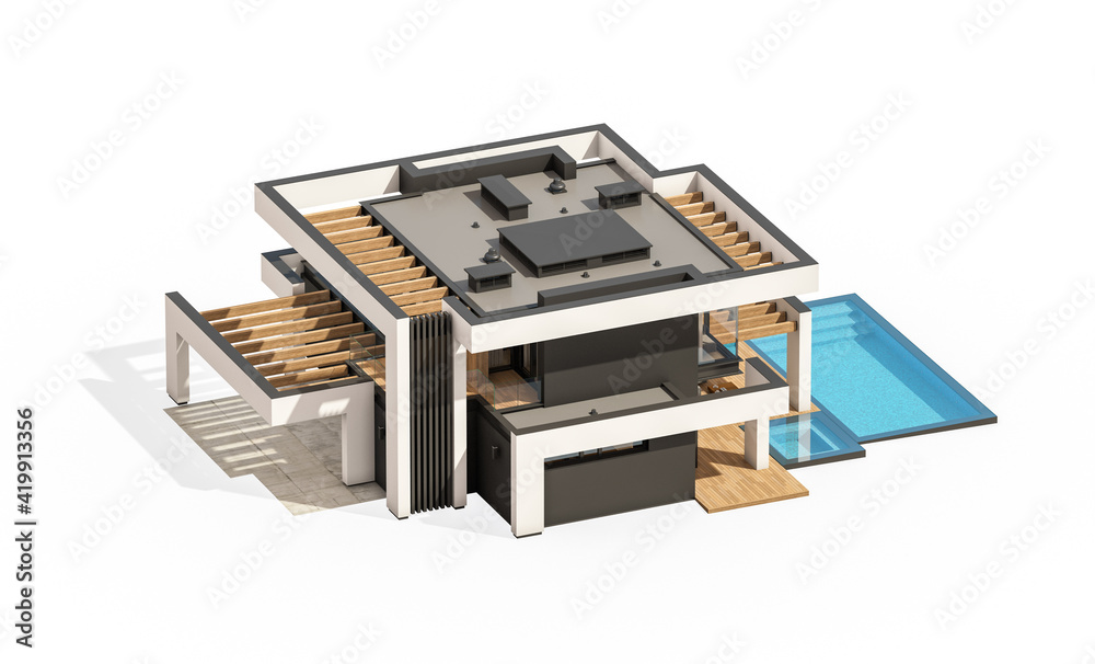 3d rendering of modern cozy house with pool and parking for sale or rent in luxurious style. Isolated on white 3d rendering of modern cozy house with pool and parking for sale or rent in luxurious style. Isolated on white