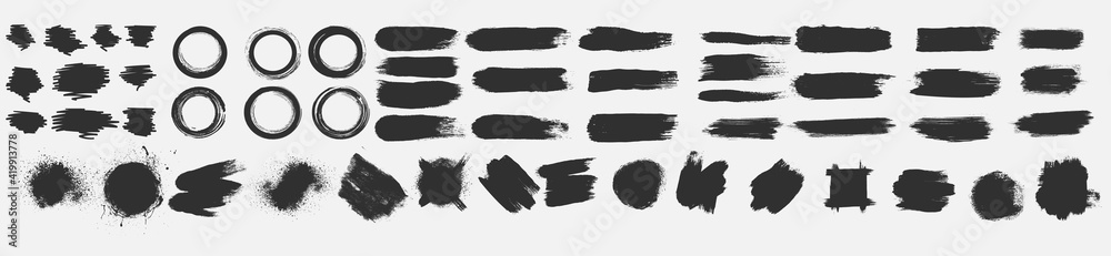 Set of black ink style splash, blobs and stains brushes and textures made with watercolor. Grunge dirty shapes and silhouettes for your design. Vector illustration. Isolated on white background.