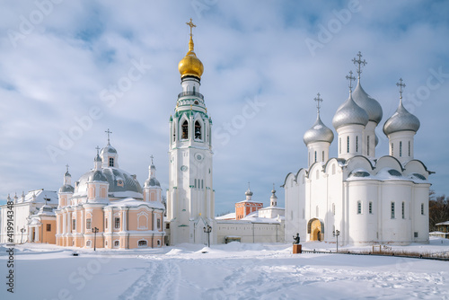 Vologda landmarks Kremlin ensemble - Resurrection and St. Sophia Cathedrals, Belfry on an early winter sunny morning, Vologda, Russia