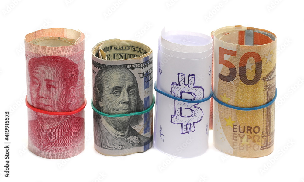 Chinese yuan, American dollar, Bitcoin and European euro bill, banknote, cash money rolls isolated on white background Chinese yuan, American dollar, Bitcoin and European euro bill, banknote, cash money rolls isolated on white background