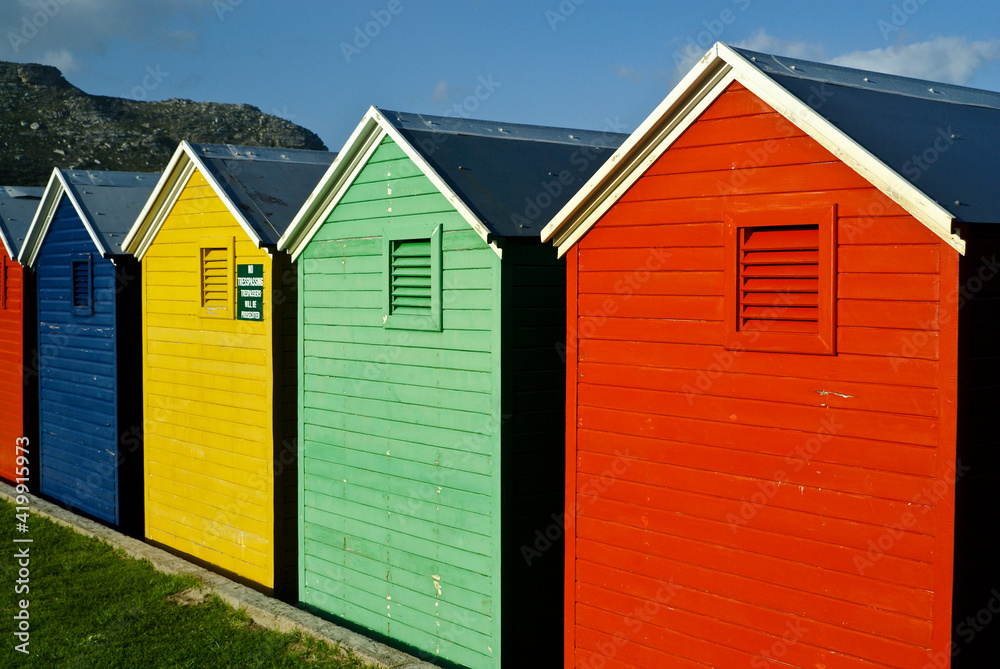 Colorful changing houses on the beach, Fish Hoek, Cape Peninsula, South Africa Colorful changing houses on the beach, Fish Hoek, Cape Peninsula, South Africa