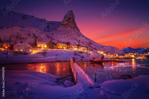 Magical evening in Lofoten. North fjords with mountains landscape. scenic photo of winter mountains and vivid colorful sky. stunning natural background. Picturesque Scenery of Lofoten islands. Norway © jenyateua