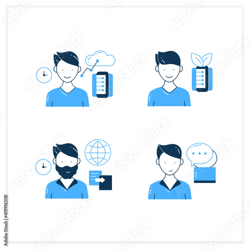 Information overload flat icons set. Consists of instant messaging, data duplication, information ecology, info age. Vector illustrations