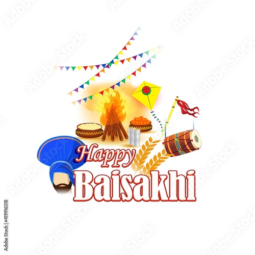 Vector illustration for happy Baisakhi, Indian punjabi festival with festival theme elements.