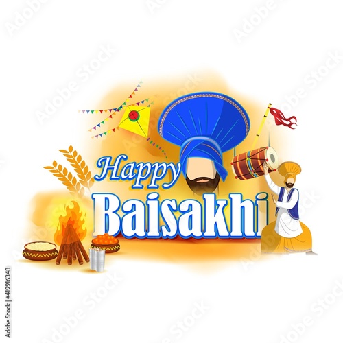 Vector illustration for happy Baisakhi, Indian punjabi festival with festival theme elements.