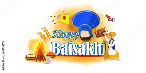 Vector illustration for happy Baisakhi, Indian punjabi festival with festival theme elements.