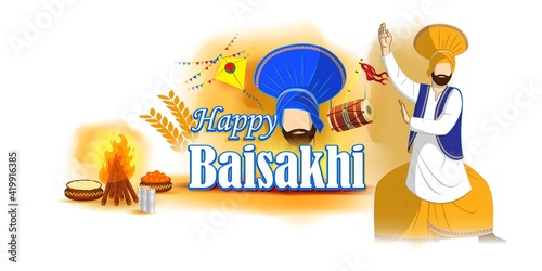 Vector illustration for happy Baisakhi, Indian punjabi festival with festival theme elements.