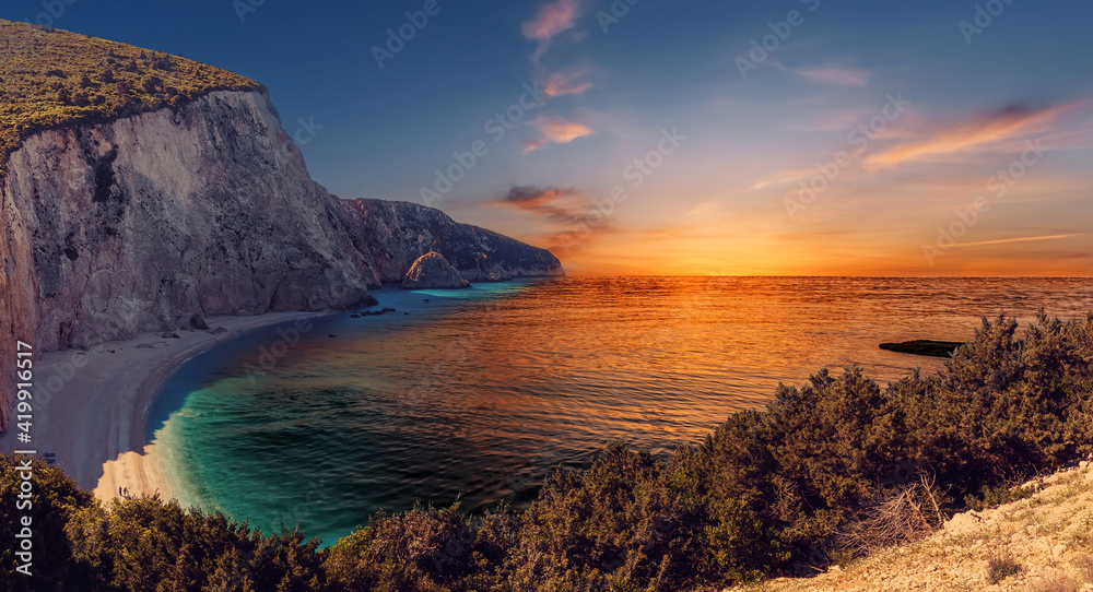 Fantastic colorful view on most beautiful beaches of Greece during sunset. Porto Katsiki in Lefkada. Ionian islands