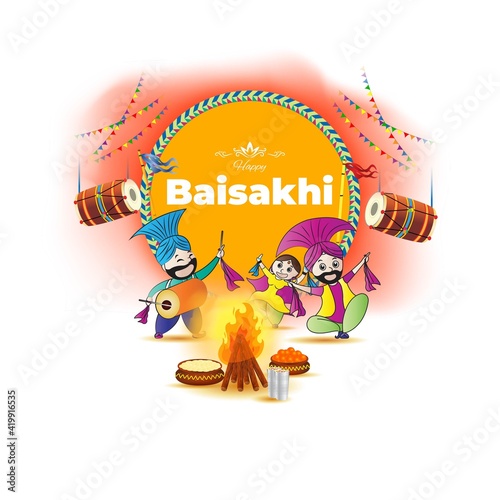 Vector illustration for happy Baisakhi, Indian punjabi festival with festival theme elements.