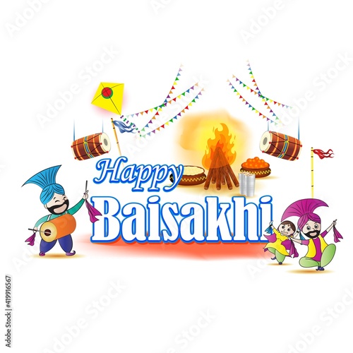 Vector illustration for happy Baisakhi, Indian punjabi festival with festival theme elements. © NAVIN