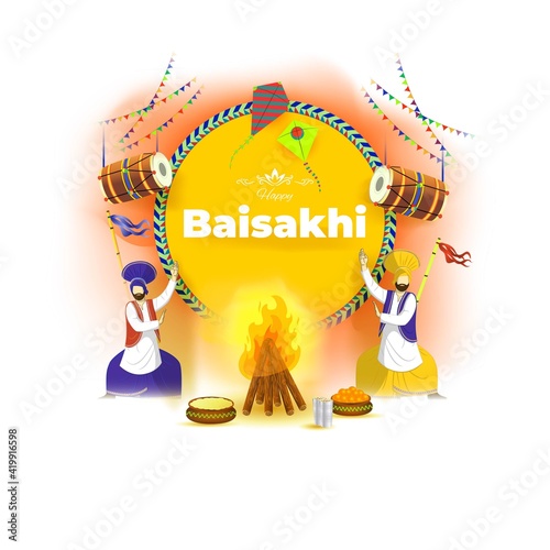 Vector illustration for happy Baisakhi, Indian punjabi festival with festival theme elements.