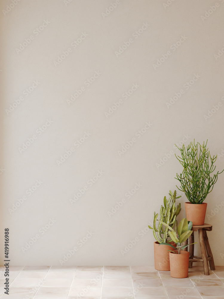 Minimal interior template. Beige wall background mockup with outdoor plant. Copy space. 3d rendering illustration. Clipping path included. Minimal interior template. Beige wall background mockup with outdoor plant. Copy space. 3d rendering illustration. Clipping path included.