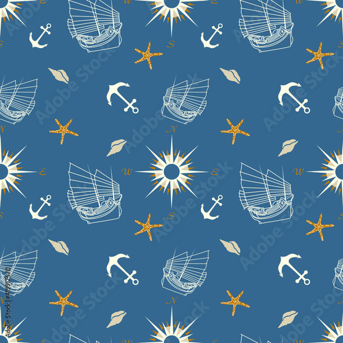 Nautical marine elements seamless pattern with old vintage sailboat, anchor, seashell, starfish with navigation compass travel background design