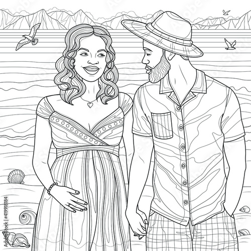 African American couple pregnant.Coloring book antistress for children and adults. 