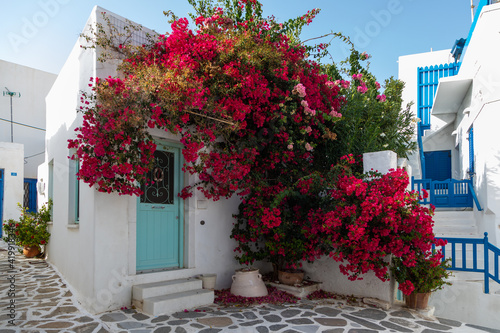 Narrow street of the old town with, Parikia, Paros Island, Greece. photo