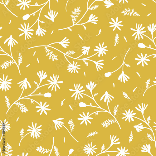 Meadow camomile silhouette seamless vector pattern. Boho botanical floral daisy yellow background. Delicate field flower and petals herbarium illustration.