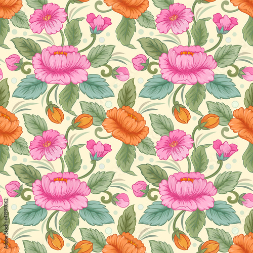 Abstract floral seamless pattern design for backdrop and wrapping paper. Pink flowers  and green leaves on a yellow background.