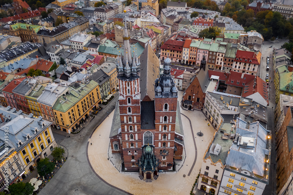 Aerial view of Saint Mary's Basilica located on Main Square in Krakow, Poland