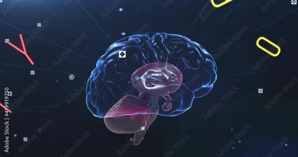 Human brain spinning against multiple changing numbers and alphabets floating on blue background