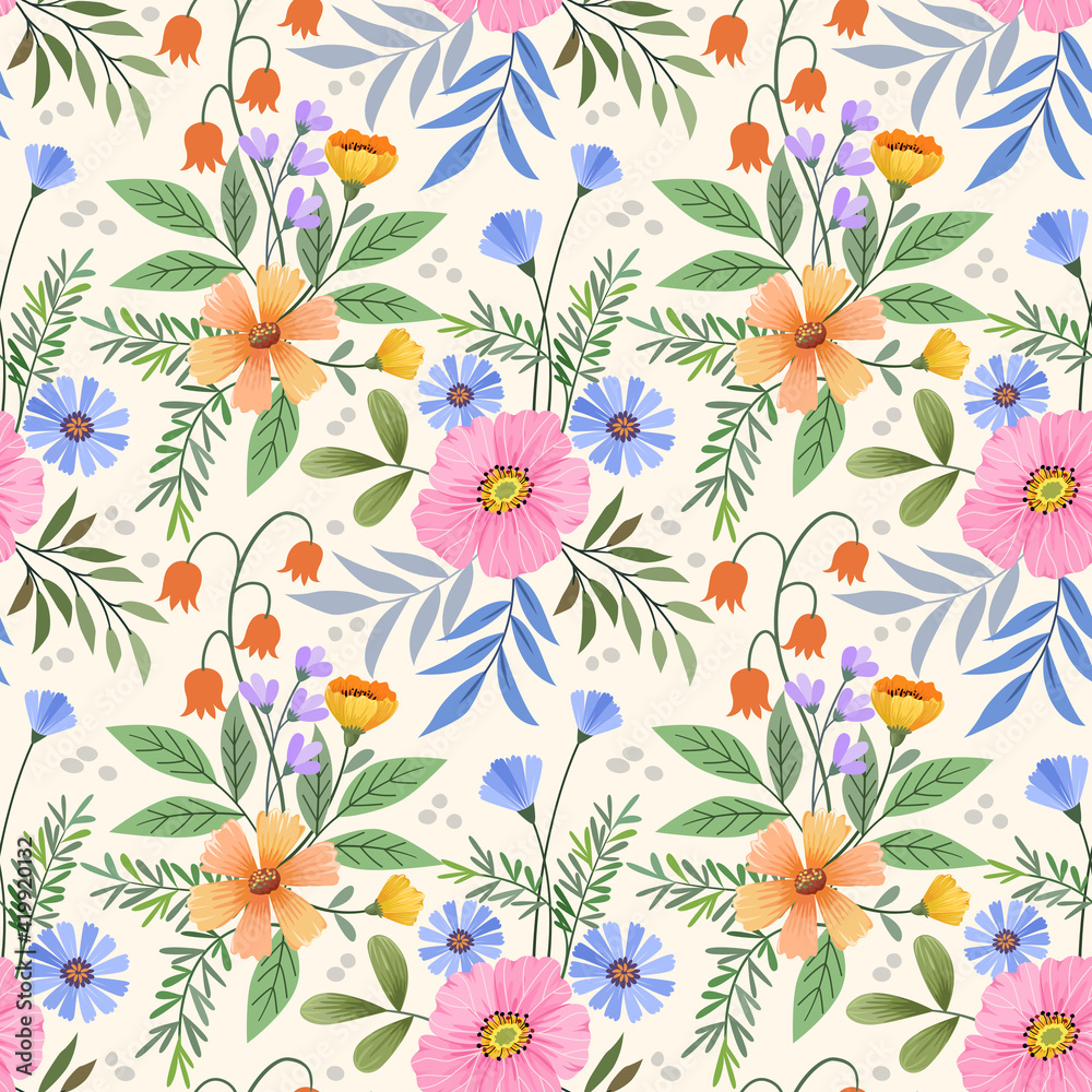 Abstract floral seamless pattern design for backdrop and wrapping paper. Colorful flowers, and leaves on a yellow background. Abstract floral seamless pattern design for backdrop and wrapping paper. Colorful flowers, and leaves on a yellow background.