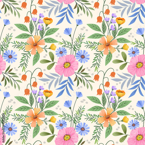 Abstract floral seamless pattern design for backdrop and wrapping paper. Colorful flowers, and leaves on a yellow background.