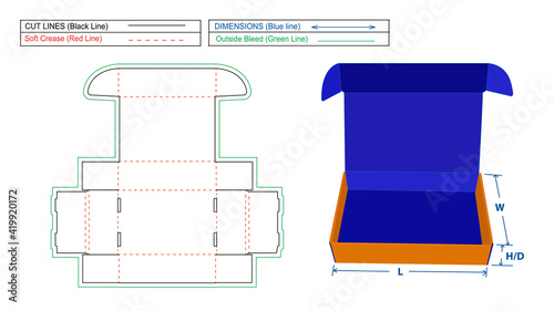 Roll End Front Tuck (REFT) Corrugated mailer box or shipping box dieline template and 3D render file
