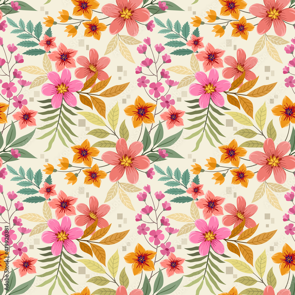 Abstract floral seamless pattern design for backdrop and wrapping paper. Colorful flowers, and green leaves on a yellow background. Abstract floral seamless pattern design for backdrop and wrapping paper. Colorful flowers, and green leaves on a yellow background.
