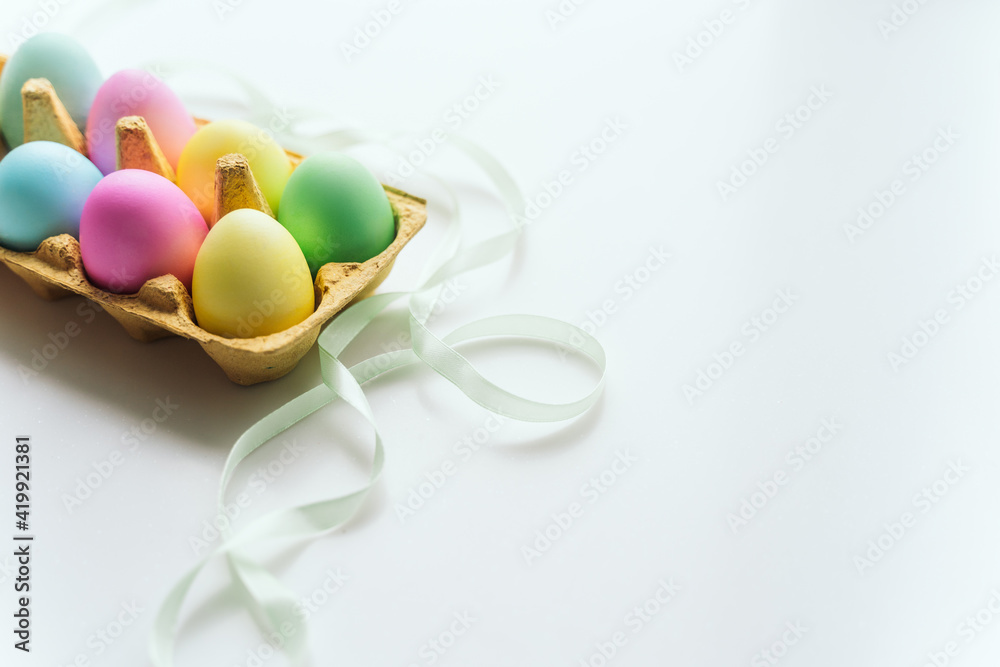 colorful Easter eggs in the tray