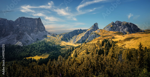 A magnificent panorama of the mountains. Wonderful nature landscape. Amazing Sunny day in Dolomites Alps. Incredible natural scenery. Famous alpine place of the world. Picture of wild area.