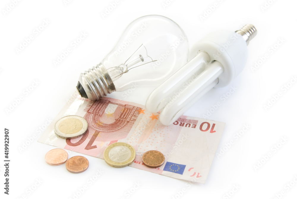 light bulb and energy saving lamp with euro money light bulb and energy saving lamp with euro money