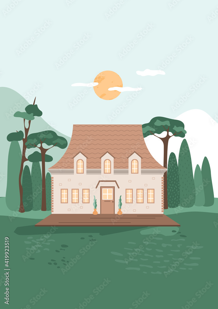 Cozy house in the forest. Wooden terrace, flowers in pots in yard. Abstract suburban scene with trees, mountains, sun and sky. Vector illustration. Estate in nature, village. Country holidays
