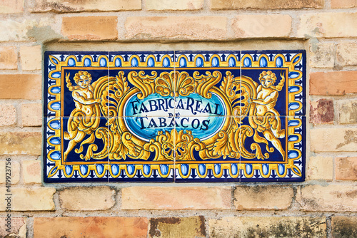 Ceramic tiles outside the Fabrica Real de Tabacos. Seville. Andalusia, Spain