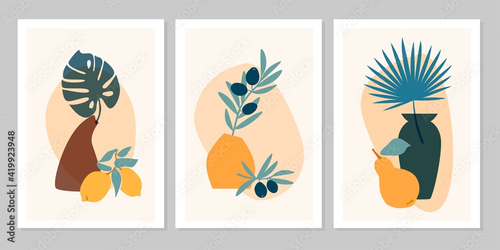 Hand drawn set abstract boho poster with tropical  leaf, color vase, fruits isolated on beige background. Vector flat illustration. Design for pattern, logo, posters, invitation, greeting card