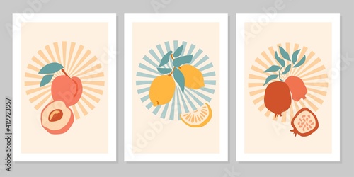 Hand drawn set abstract boho poster with tropical fruit lemon, peach, pomegranate isolated on beige. Vector flat illustration. Design for pattern, logo, posters, invitation, greeting card