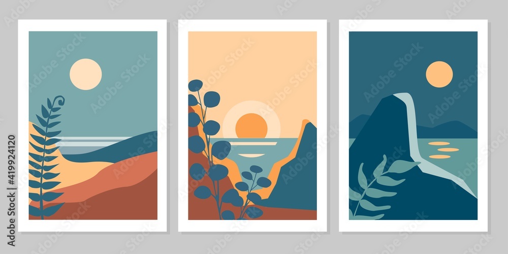Set of abstract colorful landscape poster collection with sun, moon, star, sea, mountains, river, plant. Vector flat illustration. Contemporary art print templates,  backgrounds for social media.
