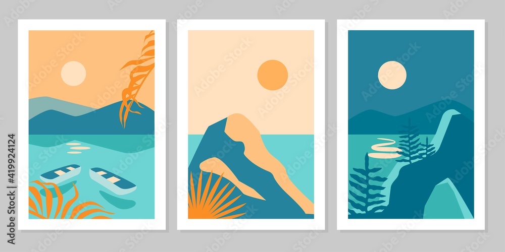 Set of abstract colorful landscape poster with sun, moon, star, sea, mountains, river, palm. Vector flat illustration. Contemporary art print templates, backgrounds for social media. 