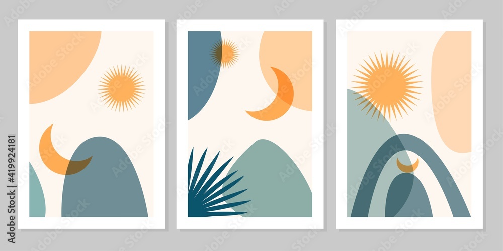 Hand drawn set abstract boho poster with tropical leaf, sun, moon and shape isolated on beige background. Vector flat illustration. Design for pattern, logo, posters, invitation, greeting card