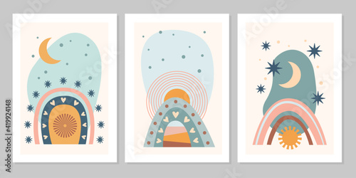 Hand drawn set abstract boho poster with rainbow, sun, moon, star, shape isolated on beige background. Vector flat illustration. Design for pattern, logo, posters, invitation, greeting card