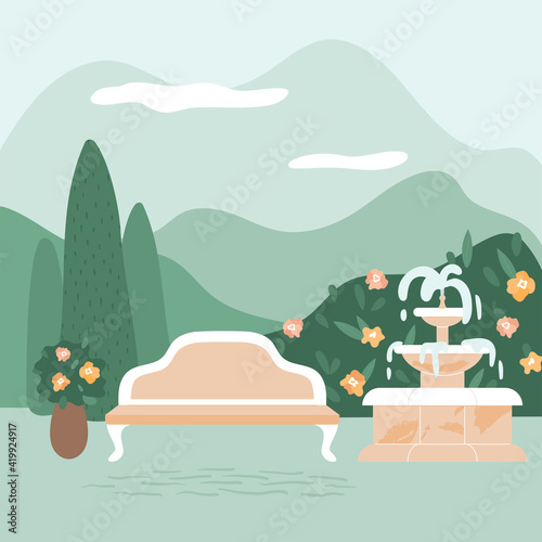 Abstract landscape with bench and fountain, bush with flowers, bouquet in vase. Silhouette of a cypress tree and mountains on the background. Summer vector illustration with cozy yard. 