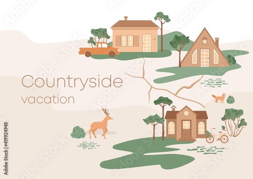 Fototapeta Naklejka Na Ścianę i Meble -  Countryside vacation horizontal banner, poster for advertising. Village with small cute houses. Suburban scene, deer, fox, bicycle and car in the yard. Landscape with abstract grass, trees, texture.