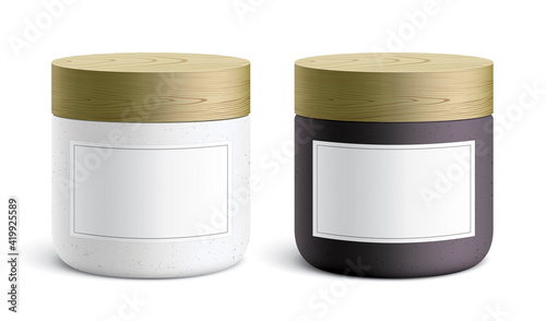 Vector mockup of white and black containers with blank labels, covered with a wooden lid. Realistic illustration of the round ceramic jar with copy space, standing isolated on a white background.