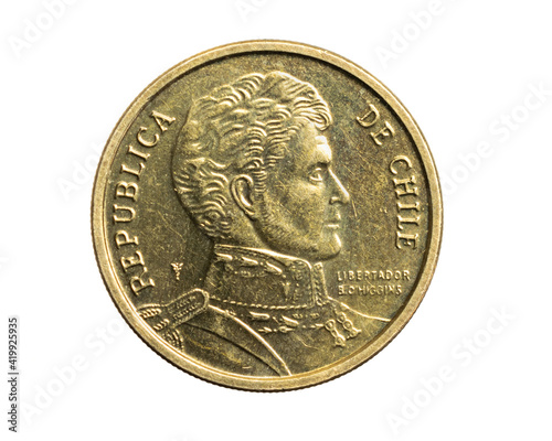 Chile ten pesos coin on a white isolated background