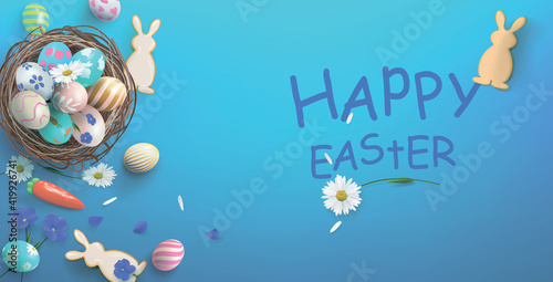 Festive illustration with basket and eggs and cookies in the form of a hare on a blue background for the Day of Happy Easter. Realistic vector banner  poster.