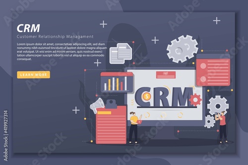 Customer relationship management illustration with landing page concept. CRM system, customer management, business development, Customer profile analysis. Flat design web banner template.