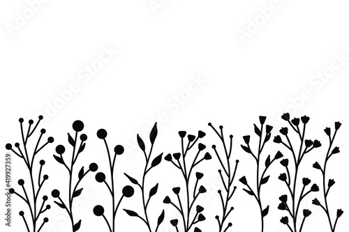 Black silhouettes of grass, flowers and herbs. minimalistic simple floral elements. Botanical natural. Graphic sketch. Hand drawn flowers. design for social media. Outline, line, doodle style.