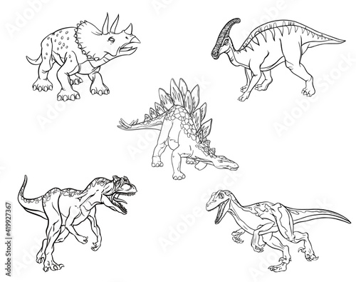 Set of linear sketches of dinosaurs for coloring pages isolated on white background. Stegosaurus, Triceratops, Raptor, Allosaurus, Hadrosaurus. Vector clipart