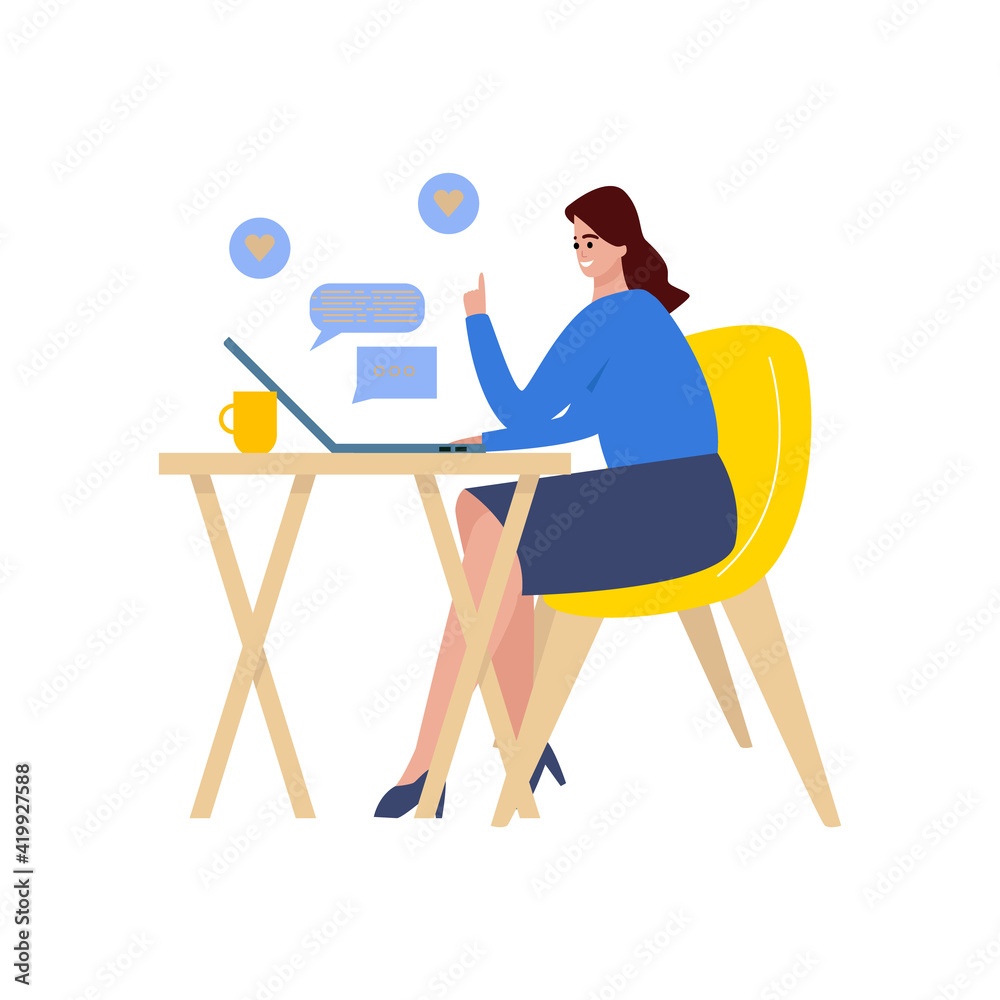 Woman working from home, student or freelancer. Cute vector illustration in flat style. Home office concept