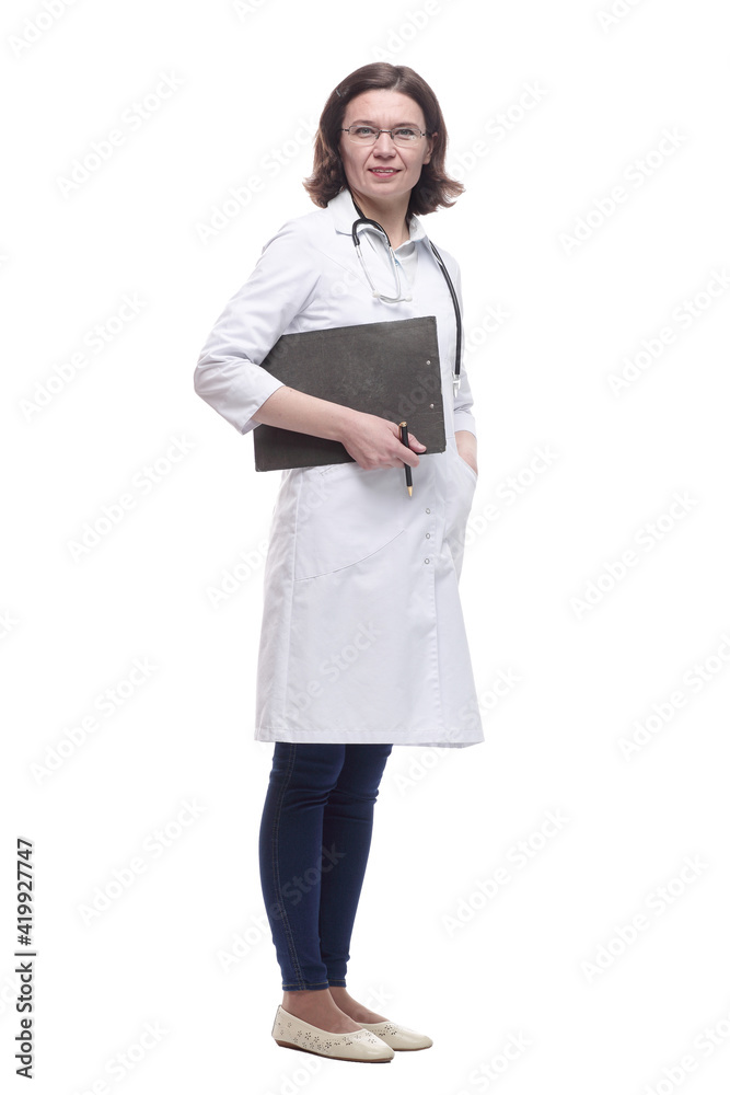 Mature female doctor with clipboard. isolated on a white Mature female doctor with clipboard. isolated on a white